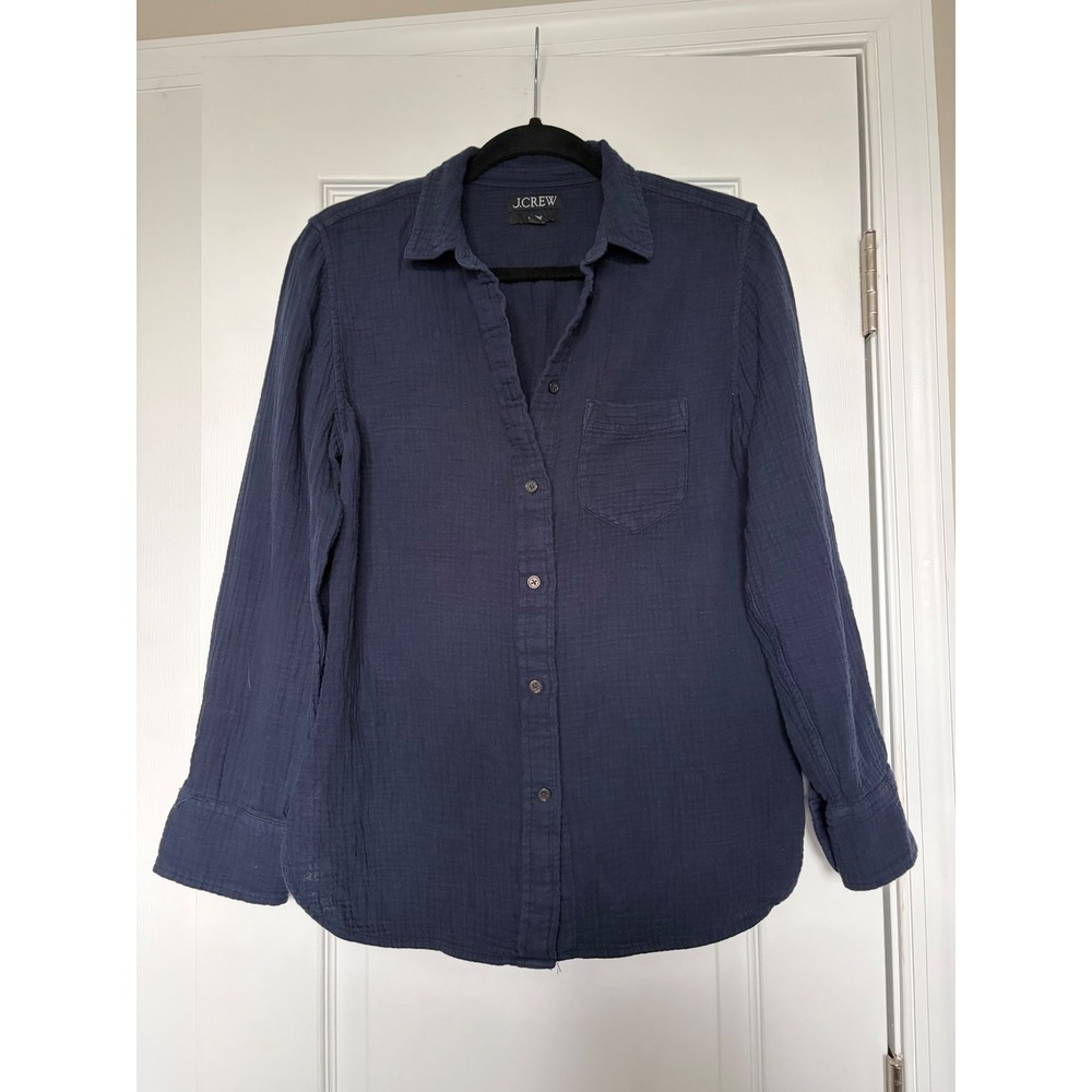J.Crew Navy Blue Double Gauze Cotton Button Down Shirt Classic Fit Size 4